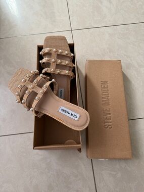 New! Steve Madden Tan Woven Slide Sandals with Pearl Straps